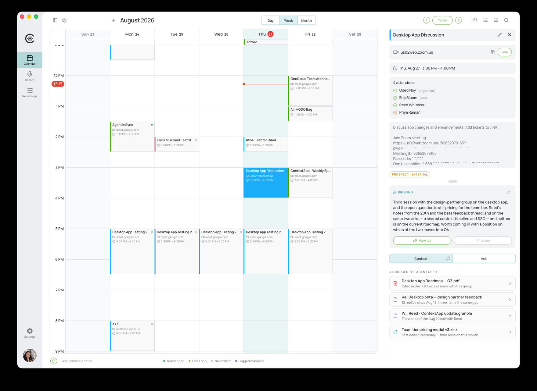 Contega calendar with a meeting brief, its sources, and an ask panel open beside the event